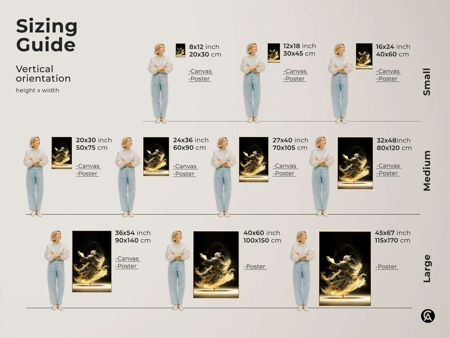 A sizing guide for the elderly man reading a magic book art is shown. Vertical orientations are available in small medium and large sizes. Canvas and poster options are shown. This fantasy artwork makes a unique spiritual gift.