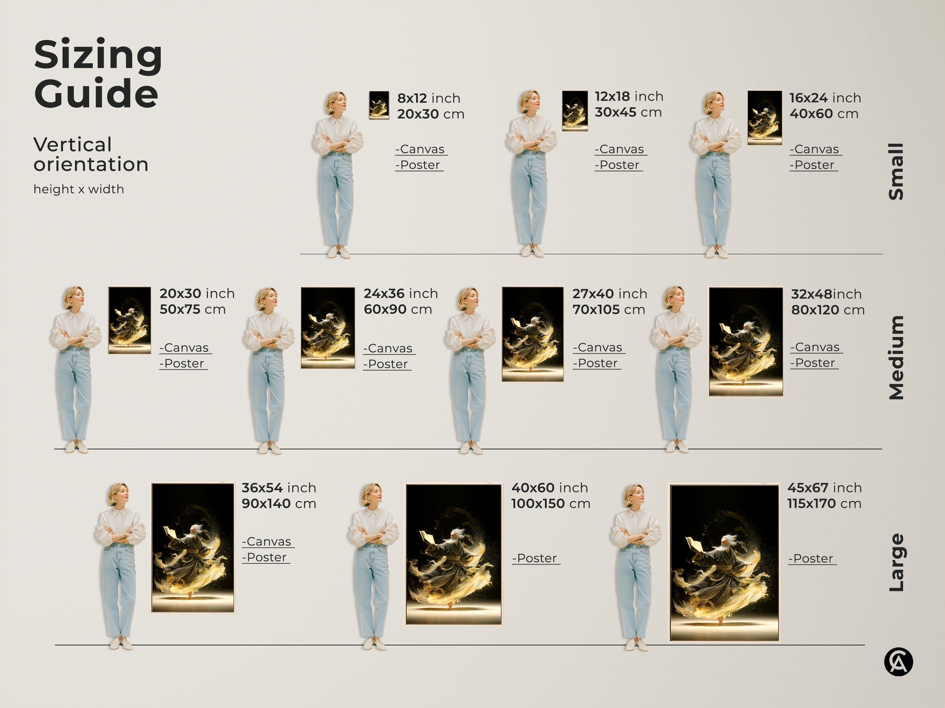 A sizing guide for the elderly man reading a magic book art is shown. Vertical orientations are available in small medium and large sizes. Canvas and poster options are shown. This fantasy artwork makes a unique spiritual gift.