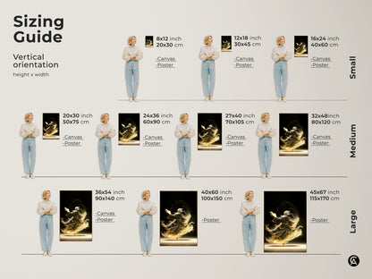 A sizing guide for the elderly man reading a magic book art is shown. Vertical orientations are available in small medium and large sizes. Canvas and poster options are shown. This fantasy artwork makes a unique spiritual gift.