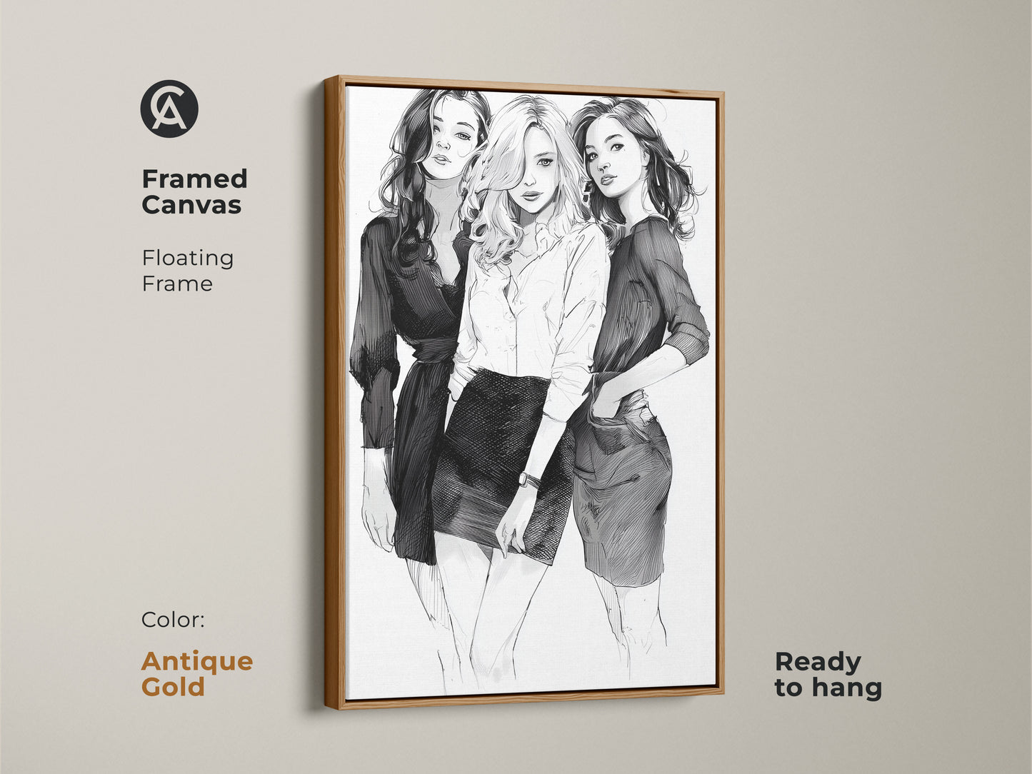 Framed canvas art with an antique gold floating frame. It features a monochrome line art print of three stylish women. This black and white portrait offers chic fashion print for minimalist wall art.