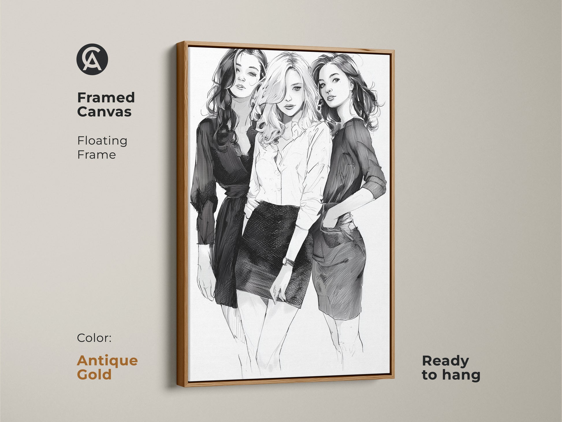 Framed canvas art with an antique gold floating frame. It features a monochrome line art print of three stylish women. This black and white portrait offers chic fashion print for minimalist wall art.
