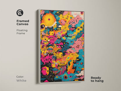 Framed canvas artwork with a white floating frame displaying colorful abstract eye artwork. This ready-to-hang piece adds a clean modern touch. The white frame makes the artwork pop. Ideal for contemporary interiors.