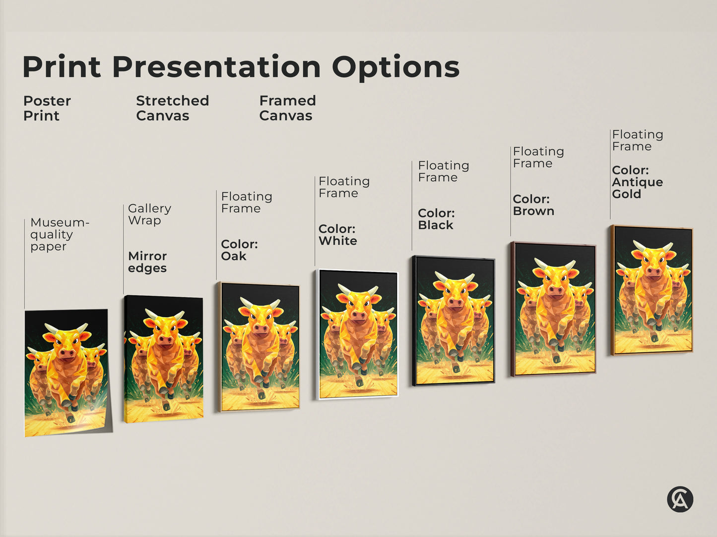 Print presentation options showcasing various formats of the golden cows artwork. Choose from poster prints stretched canvas and framed canvas options. Each format enhances the geometric low polygon style. Find the perfect modern animal artwork print to complement your decor. A museum-quality animal art piece.