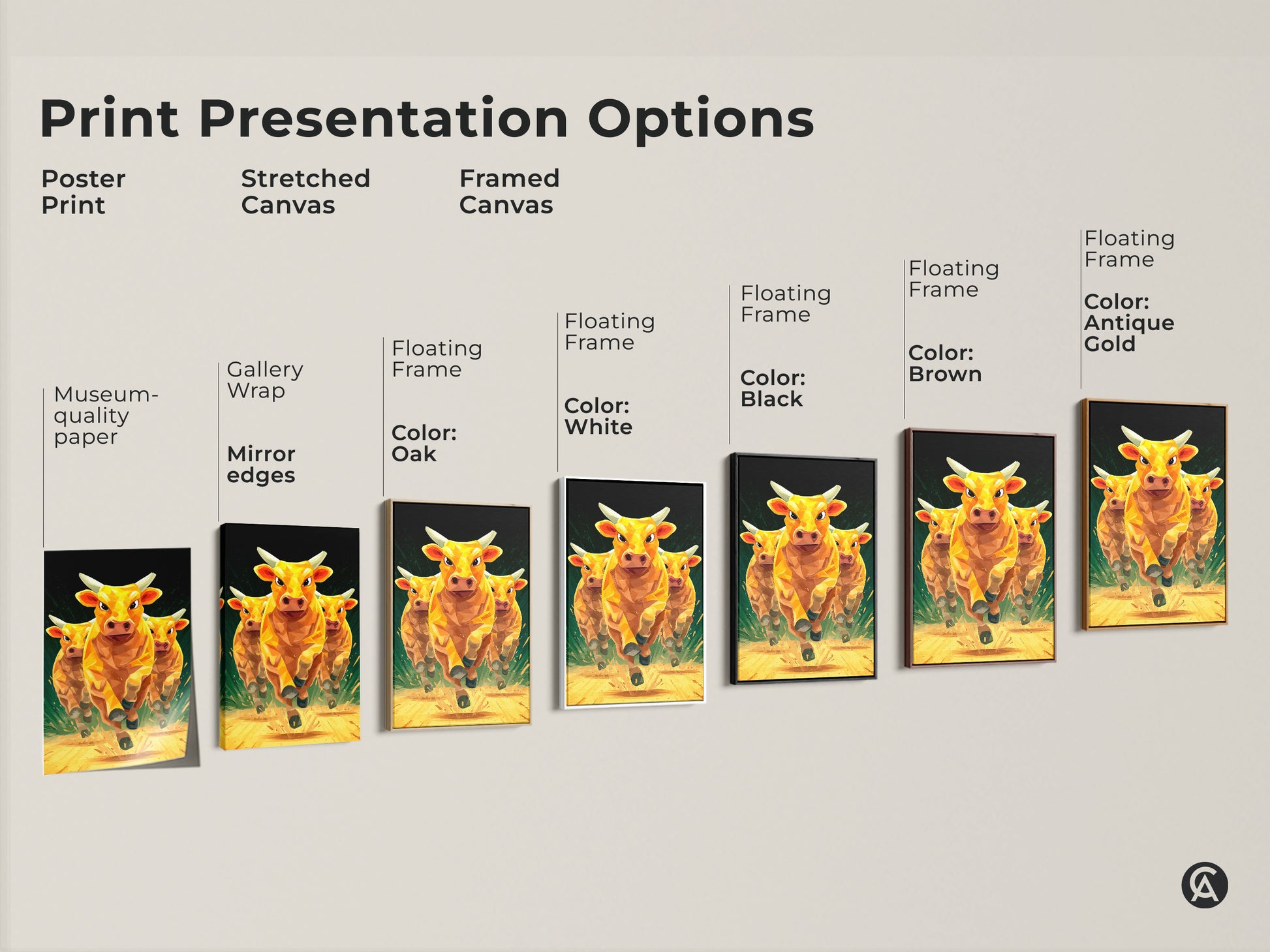 Print presentation options showcasing various formats of the golden cows artwork. Choose from poster prints stretched canvas and framed canvas options. Each format enhances the geometric low polygon style. Find the perfect modern animal artwork print to complement your decor. A museum-quality animal art piece.