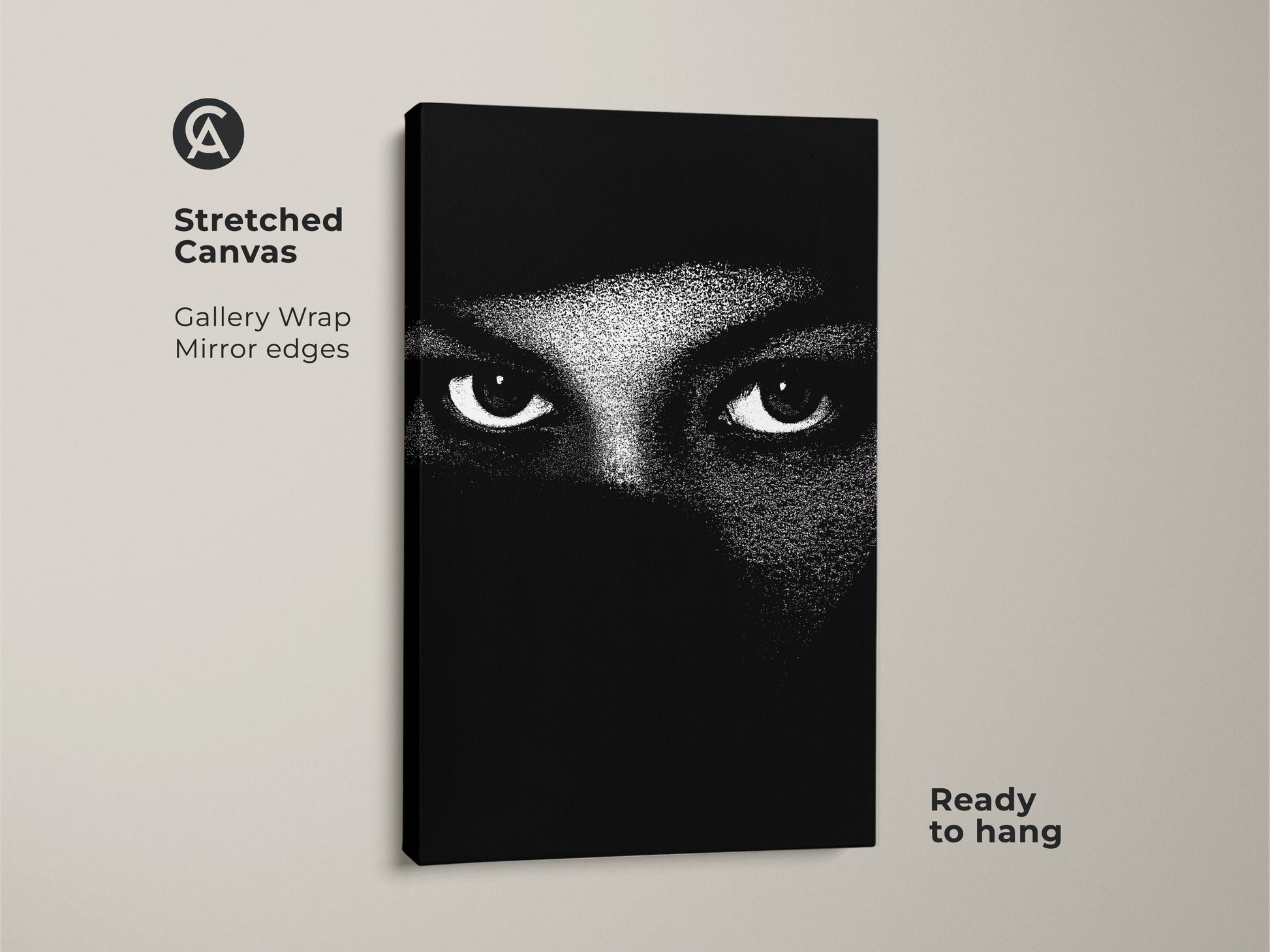 Stretched canvas featuring monochrome eyes wall art. The abstract face canvas print shows minimalist portrait art. Black and white bedroom decor makes for contemporary living room art. High contrast artwork for modern abstract print is ready to hang. It is a mystery themed art.