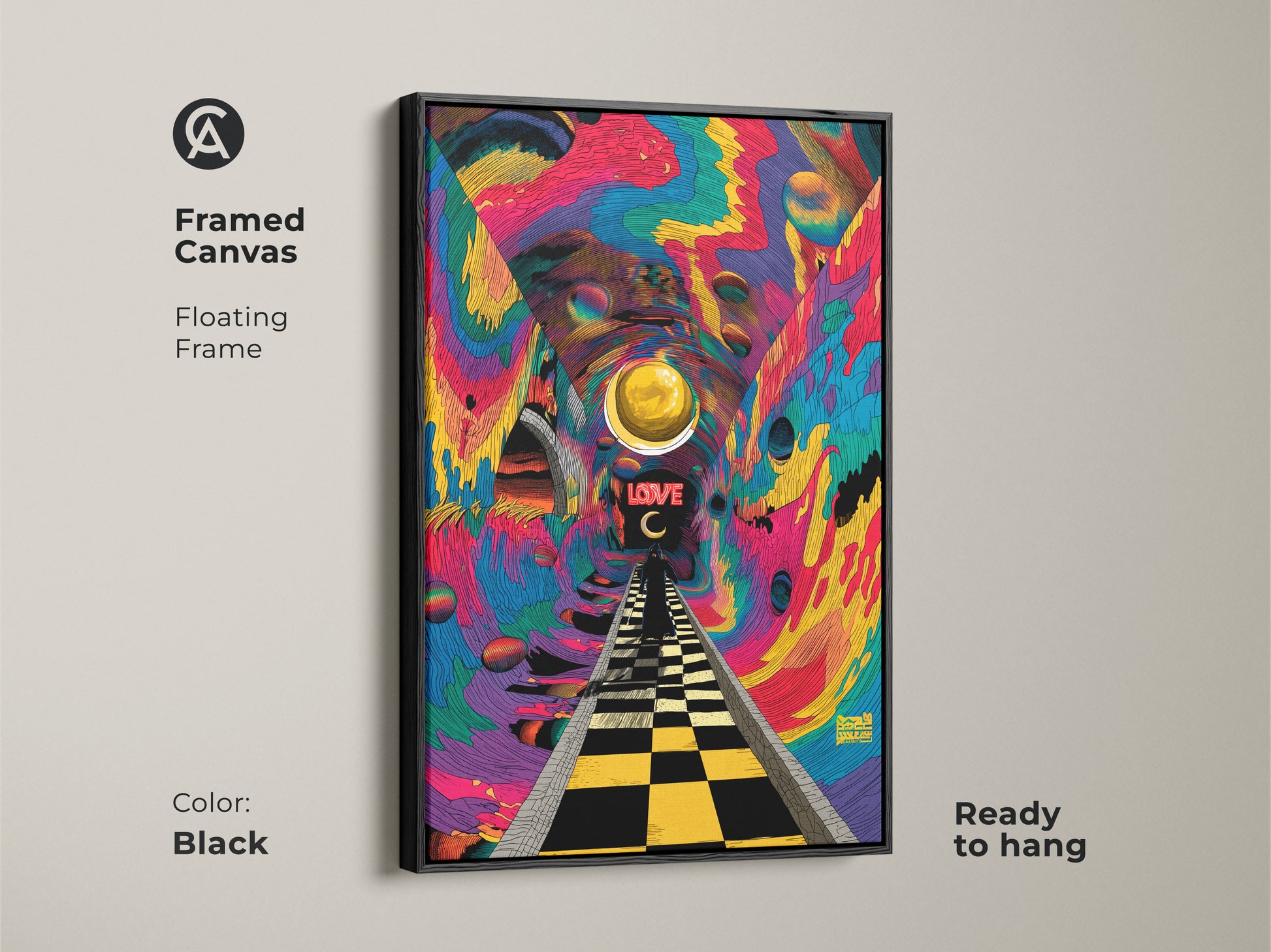 Psychedelic tunnel artwork with a brown floating frame. The art has a checkered path leading to the word LOVE. A golden orb floats above in a colorful tunnel. This framed canvas is ready to hang and elevate your decor.