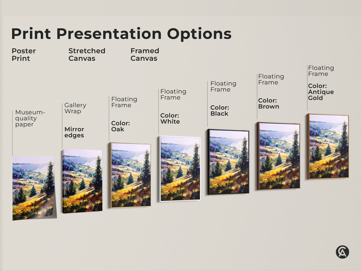 Explore print presentation options for the boho landscape artwork. Choose from poster prints stretched canvas and framed canvas. Options include floating frames in colors like black brown antique gold and white.