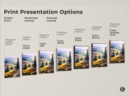 Explore print presentation options for the boho landscape artwork. Choose from poster prints stretched canvas and framed canvas. Options include floating frames in colors like black brown antique gold and white.