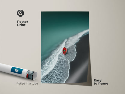 Coastal poster print featuring a minimalist seascape. Teal ocean and dark sand create a calming scene. A small red boat accentuates the nautical theme. Easy to frame travel inspired artwork.