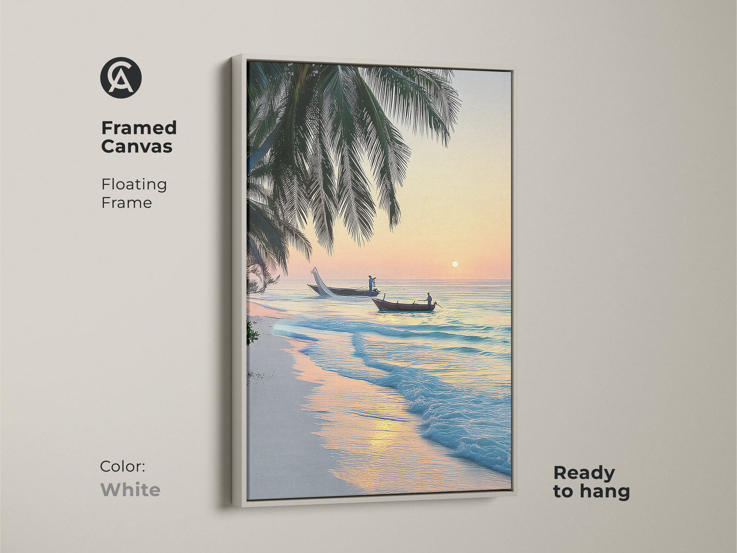 Framed canvas with a white floating frame shows a tropical beach sunrise. The scene includes palm trees and two fishing boats on the turquoise ocean. A perfect coastal art piece.
