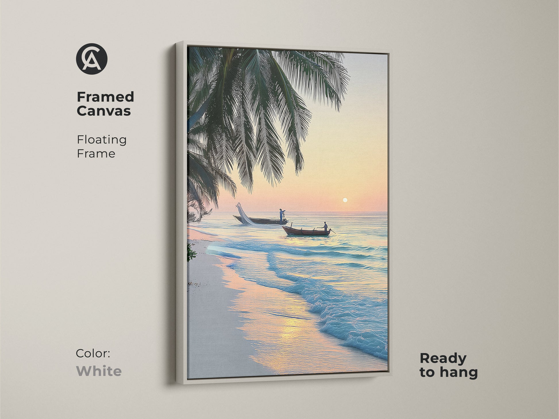 Framed canvas with a white floating frame shows a tropical beach sunrise. The scene includes palm trees and two fishing boats on the turquoise ocean. A perfect coastal art piece.