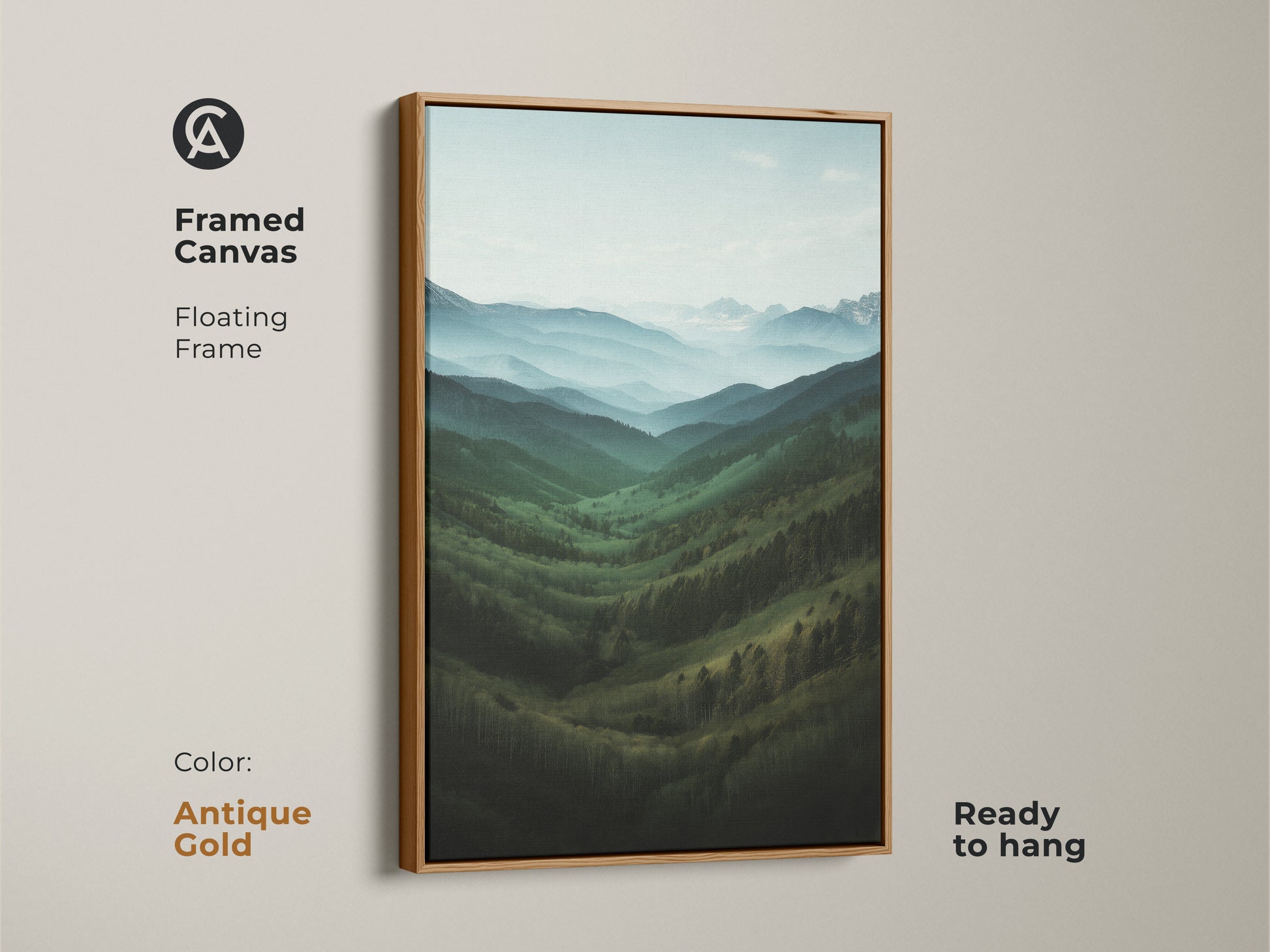 Framed canvas with a floating frame showing misty blue mountains. The antique gold frame complements the nature inspired art print. Enhance your residential living room art now.