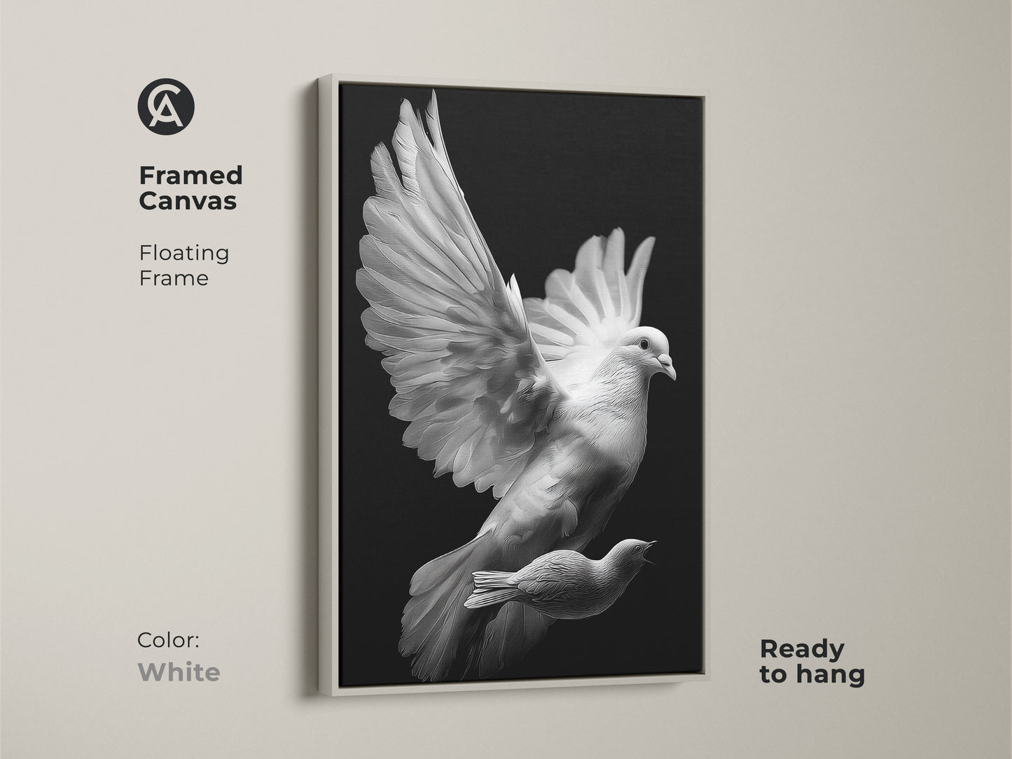 A framed canvas with antique gold frame. Features a minimalist dove. The black and white bird print is a spiritual image. This peaceful home decor is modern. This is minimalist artwork.