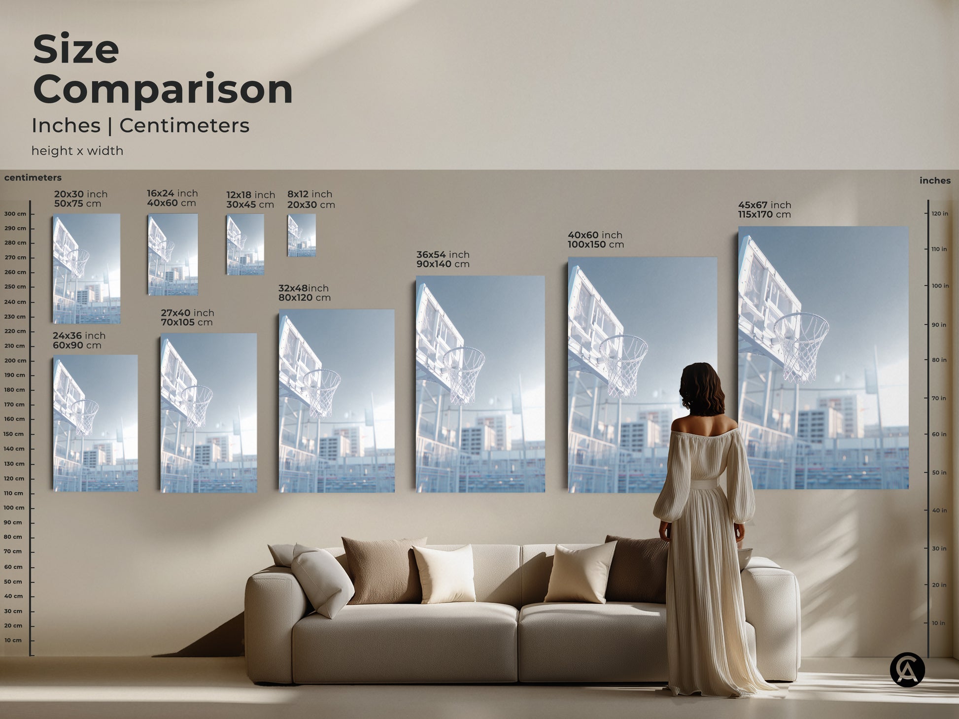 Size comparison of basketball hoop art prints. Various sizes are available in inches and centimeters. Find the perfect size for your space. Shop canvas and poster prints online today.