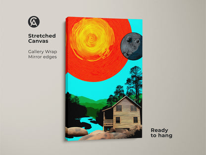 Stretched canvas art featuring an abstract sun and moon over a cabin landscape. Gallery wrapped with mirrored edges this orange yellow and teal decor is ready to hang.  Modern nature artwork makes a great housewarming gift and is an eclectic home accent.