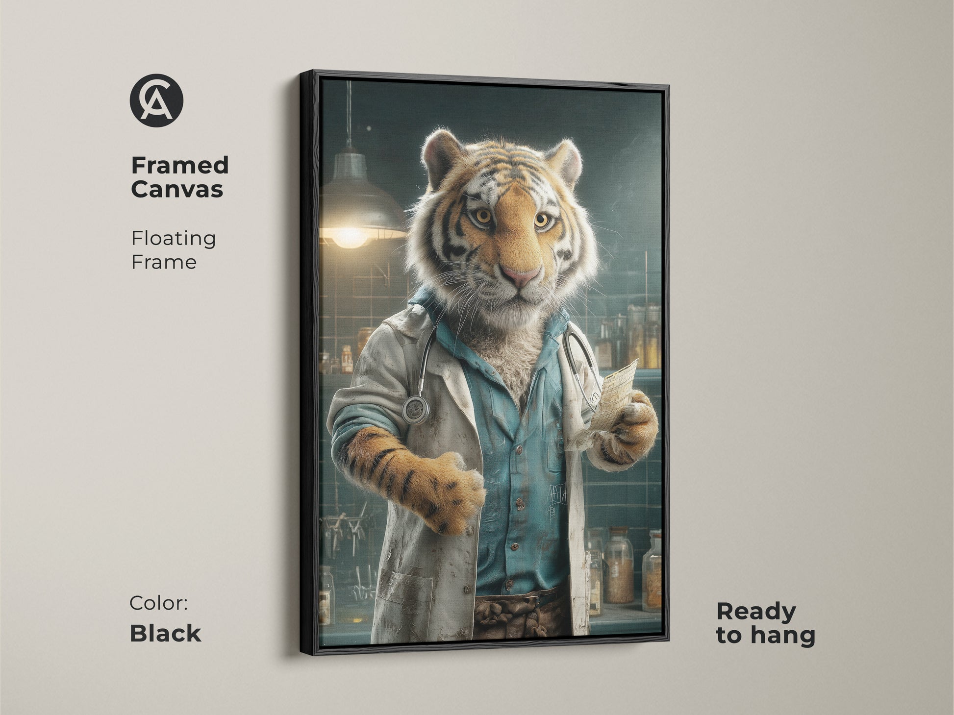 A framed canvas featuring a tiger dressed as a doctor. The frame is a sleek black color. The canvas has a floating frame style and is ready to hang. This piece of art is a great way to add personality to your home or office