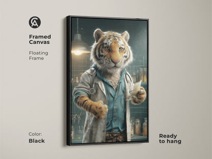 A framed canvas featuring a tiger dressed as a doctor. The frame is a sleek black color. The canvas has a floating frame style and is ready to hang. This piece of art is a great way to add personality to your home or office