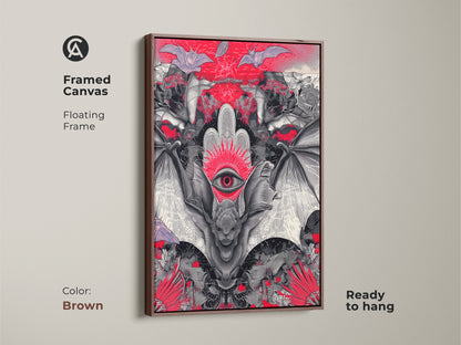 Framed canvas featuring gothic bat surreal third eye art. The brown floating frame enhances this macabre wall decor. Perfect for a gothic living room or alternative office with a unique spooky touch.