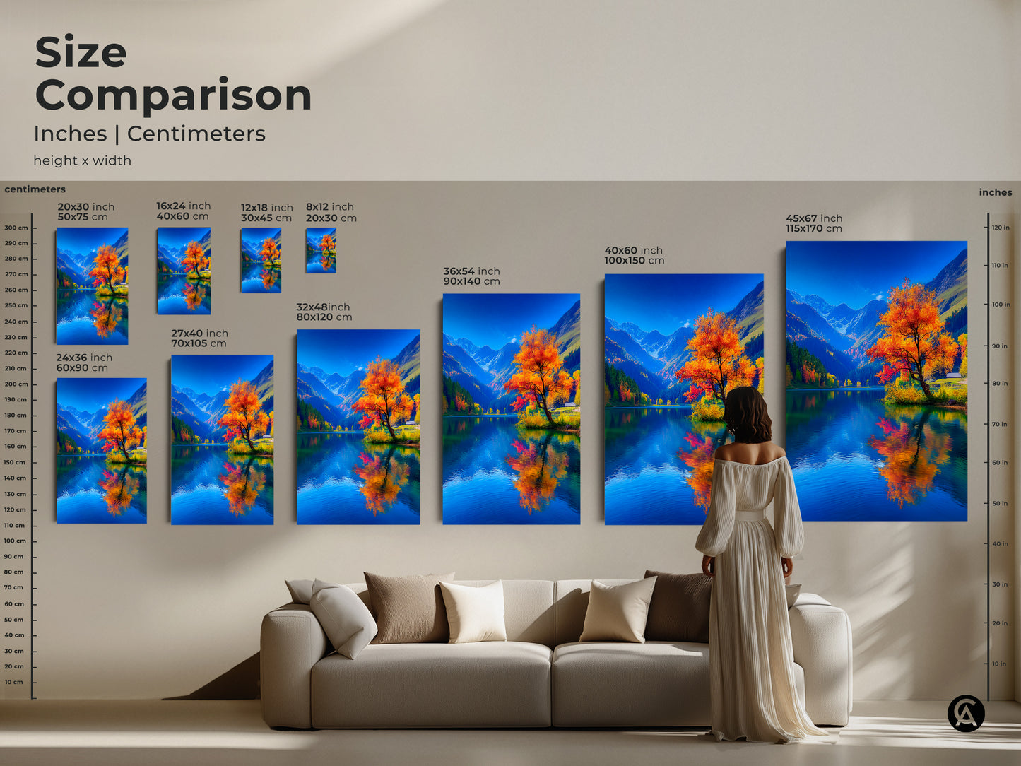 Size comparison of artwork in inches and centimeters. See how canvas art looks above a sofa. Visualize different sizes in a living space. Find the ideal dimensions for your home. Get ready to upgrade your walls.
