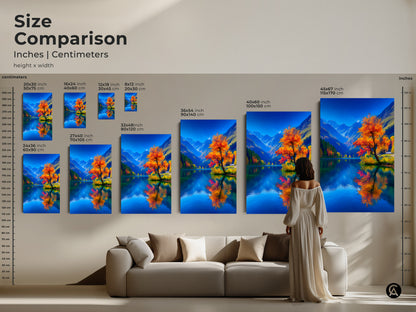 Size comparison of artwork in inches and centimeters. See how canvas art looks above a sofa. Visualize different sizes in a living space. Find the ideal dimensions for your home. Get ready to upgrade your walls.