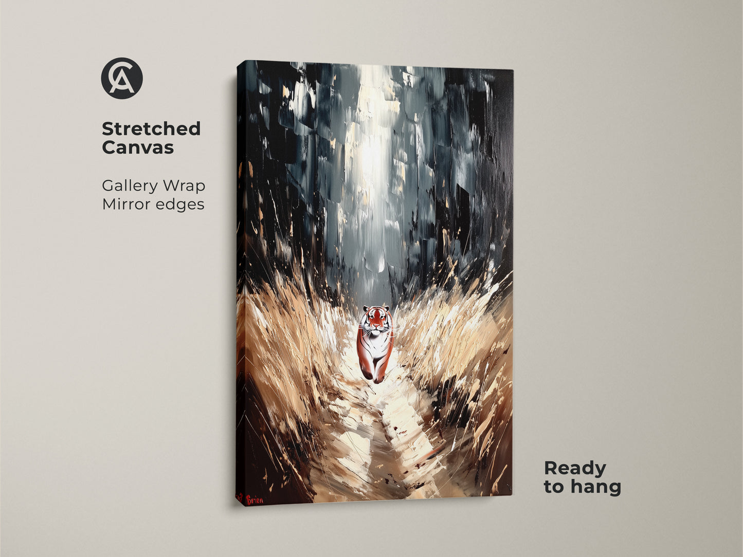 A stretched canvas of a Tiger Forest Canvas Art is displayed. It is wildlife wall decor featuring a black white animal art. The art is ready to hang and features mirror edges.