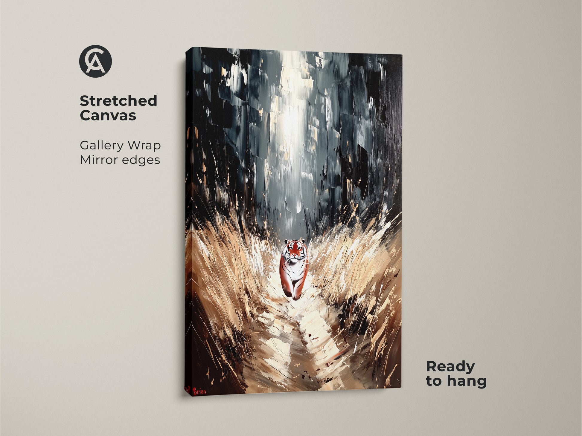 A stretched canvas of a Tiger Forest Canvas Art is displayed. It is wildlife wall decor featuring a black white animal art. The art is ready to hang and features mirror edges.