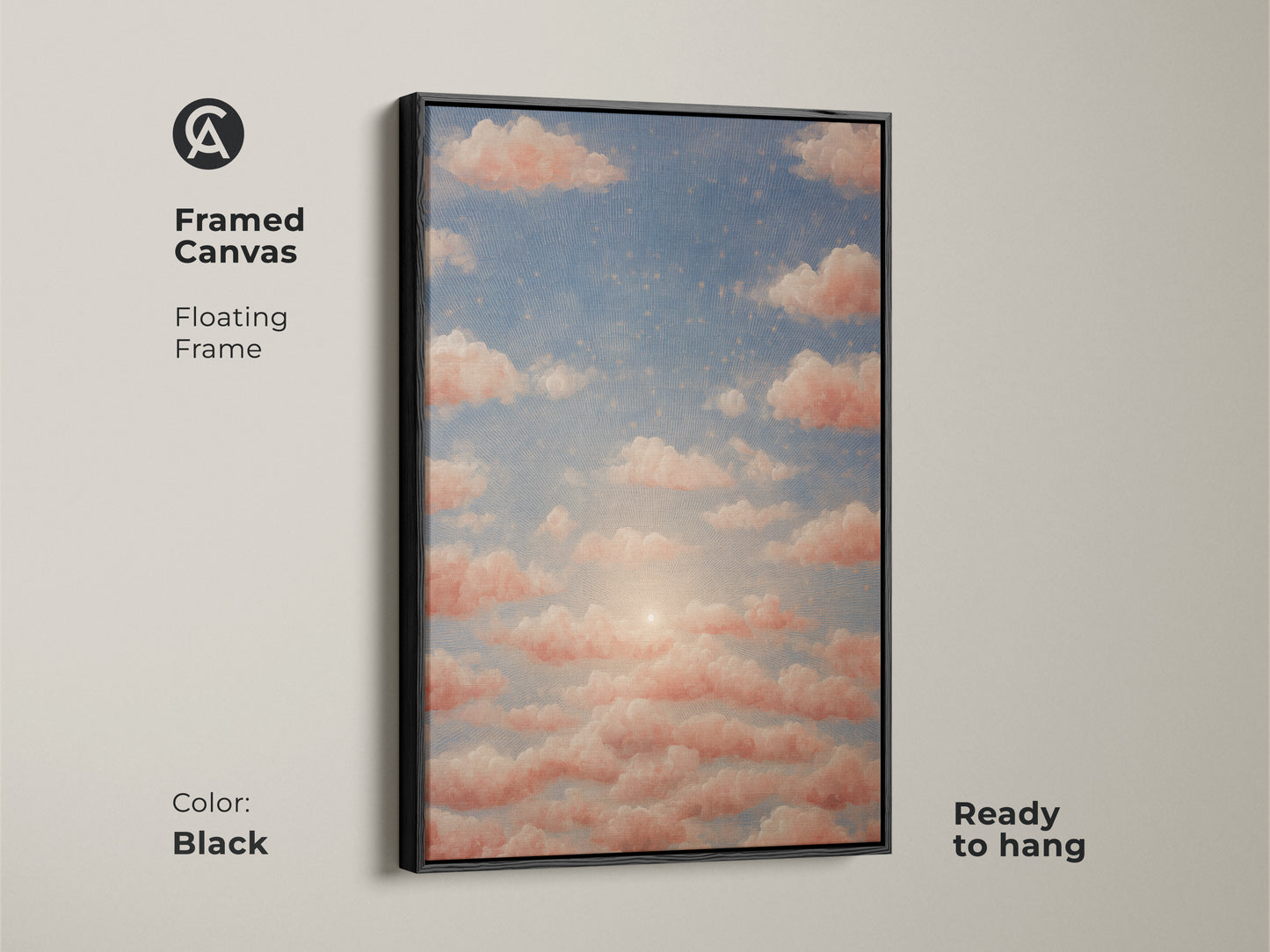Pink cloudscape painting on a surreal sky canvas. Starry art adds a dreamy touch to bohemian decor. Perfect as a housewarming gift art. Nature-inspired artwork for any room.