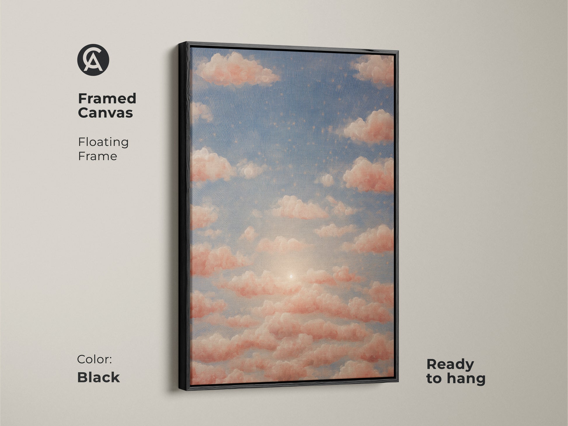 Pink cloudscape painting on a surreal sky canvas. Starry art adds a dreamy touch to bohemian decor. Perfect as a housewarming gift art. Nature-inspired artwork for any room.