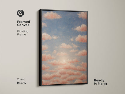 Pink cloudscape painting on a surreal sky canvas. Starry art adds a dreamy touch to bohemian decor. Perfect as a housewarming gift art. Nature-inspired artwork for any room.