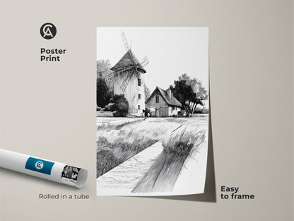 Poster print version of a farmhouse windmill landscape. This black and white ink drawing art is easy to frame. Rolled in a tube for safe shipping. This countryside art print brings a touch of rural life to any room.