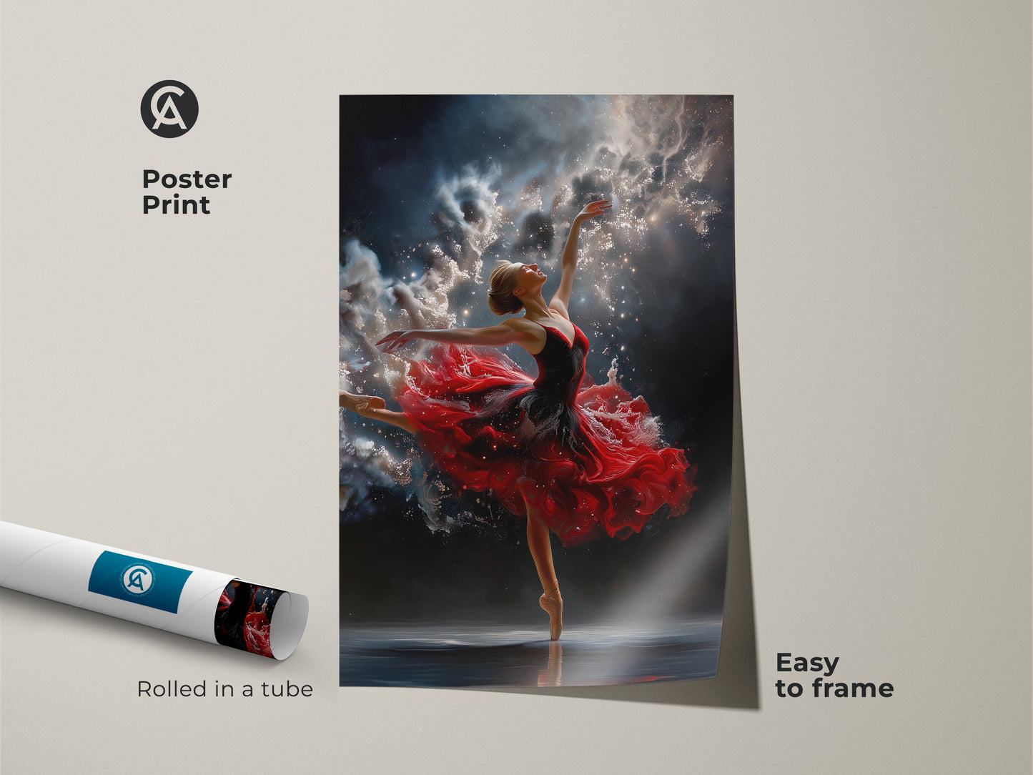 Poster print of a ballerina dancing. The print is rolled in a tube for easy framing. The artwork features a red dress and a night sky background. Add this to your collection today.