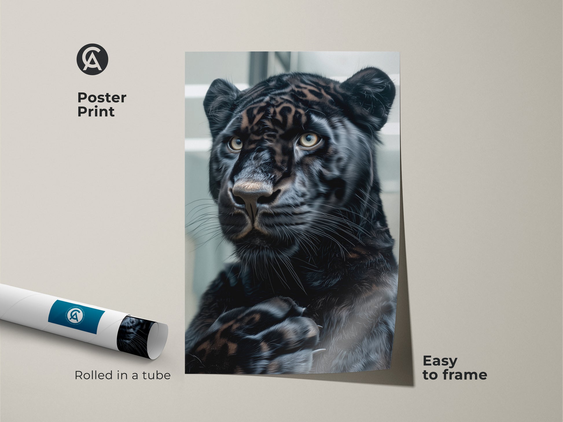 Poster print of a majestic black panther. This museum-quality art is easy to frame. The panther's piercing eyes and sleek fur are captured in stunning detail. Rolled in a tube for protection this piece is perfect for wildlife art lovers.