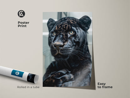 Poster print of a majestic black panther. This museum-quality art is easy to frame. The panther's piercing eyes and sleek fur are captured in stunning detail. Rolled in a tube for protection this piece is perfect for wildlife art lovers.