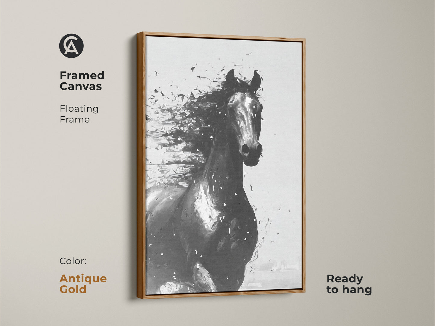 Framed canvas of abstract horse art in antique gold. Floating frame highlights contemporary equine artwork. Ready to hang animal wall art. A unique gift for equestrians home decor.