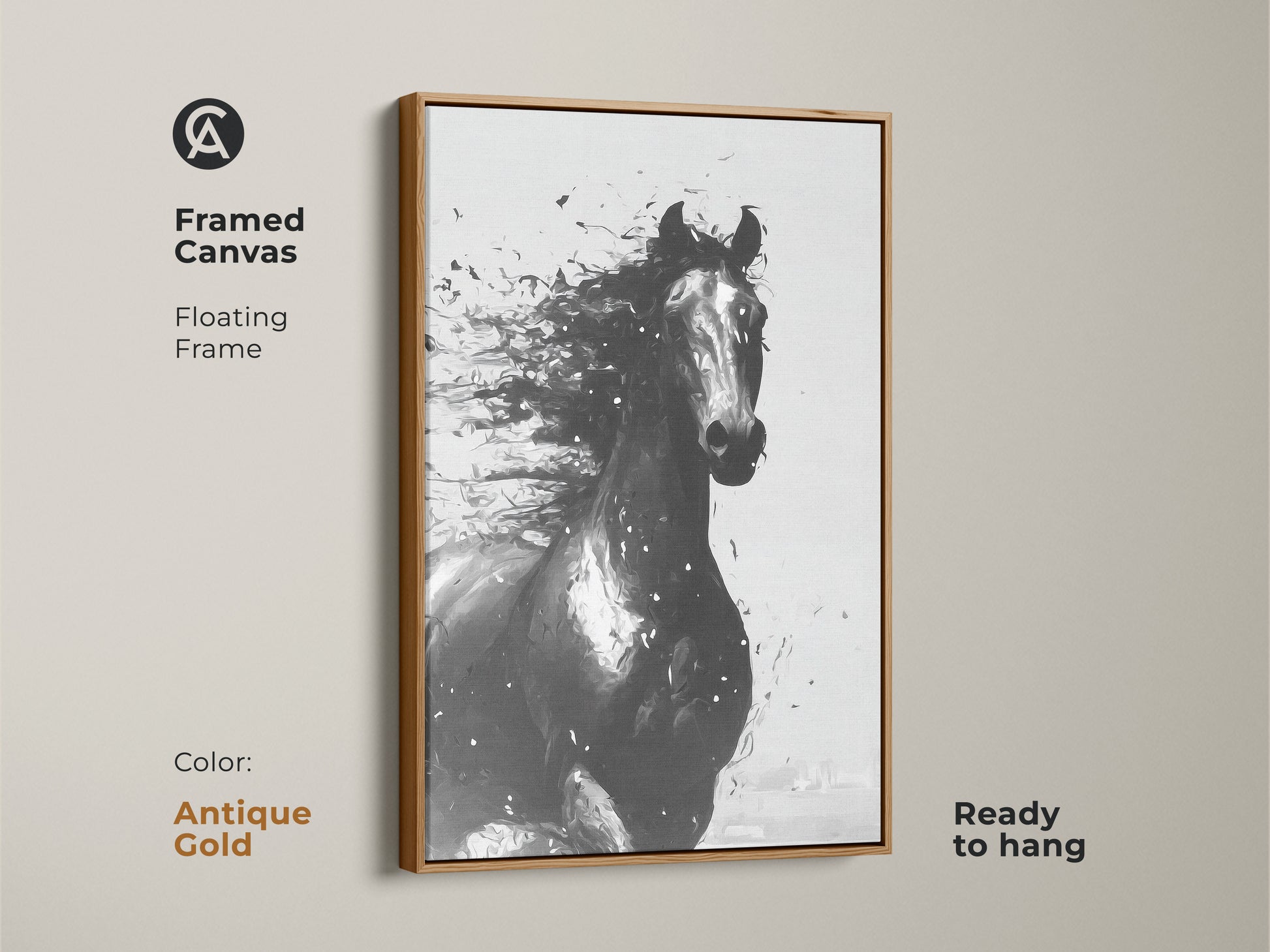 Framed canvas of abstract horse art in antique gold. Floating frame highlights contemporary equine artwork. Ready to hang animal wall art. A unique gift for equestrians home decor.