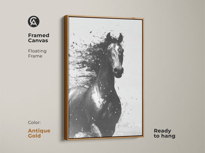 Framed canvas of abstract horse art in antique gold. Floating frame highlights contemporary equine artwork. Ready to hang animal wall art. A unique gift for equestrians home decor.