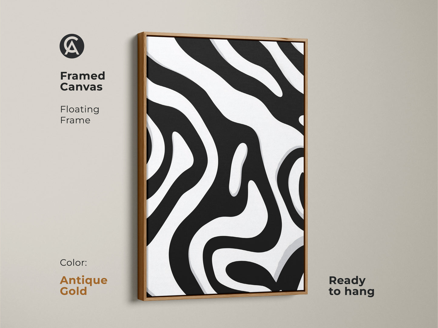 Framed canvas with an antique gold frame featuring an abstract zebra stripe pattern. This black and white organic art is ready to hang. A floating frame enhances the modern minimalist wall art. Great for contemporary home decor.