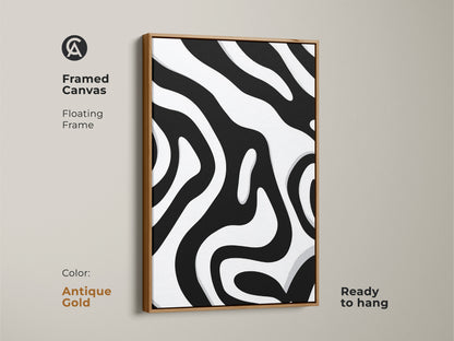 Framed canvas with an antique gold frame featuring an abstract zebra stripe pattern. This black and white organic art is ready to hang. A floating frame enhances the modern minimalist wall art. Great for contemporary home decor.