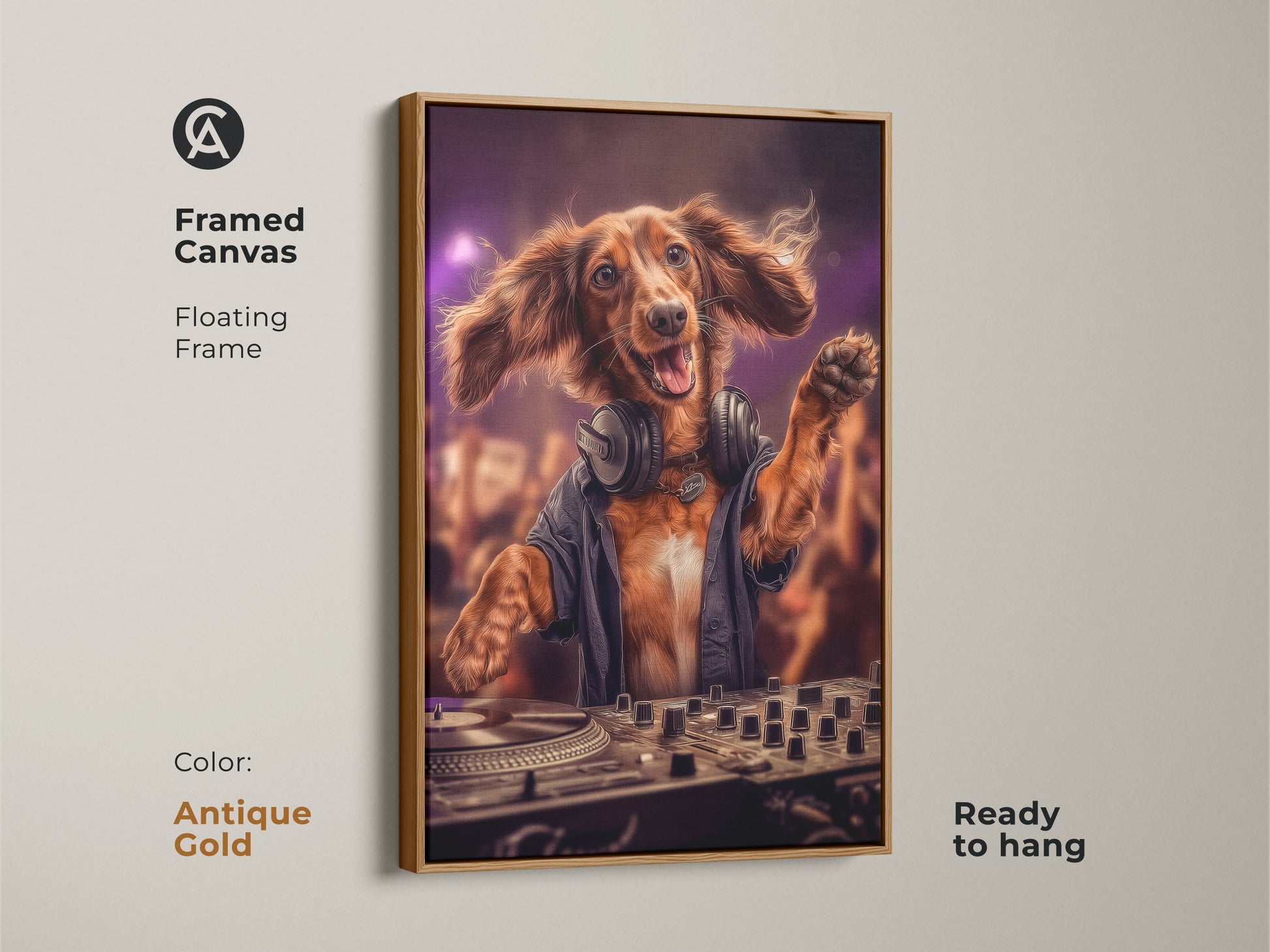 Dog DJ canvas in an antique gold floating frame. This party art is ready to hang. The fun animal art print features a brown Dachshund. He has headphones and is DJing at a party. It is perfect for eclectic home decor or a man cave with a musical theme.
