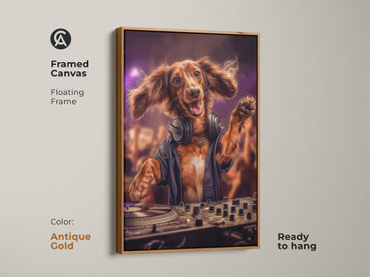 Dog DJ canvas in an antique gold floating frame. This party art is ready to hang. The fun animal art print features a brown Dachshund. He has headphones and is DJing at a party. It is perfect for eclectic home decor or a man cave with a musical theme.