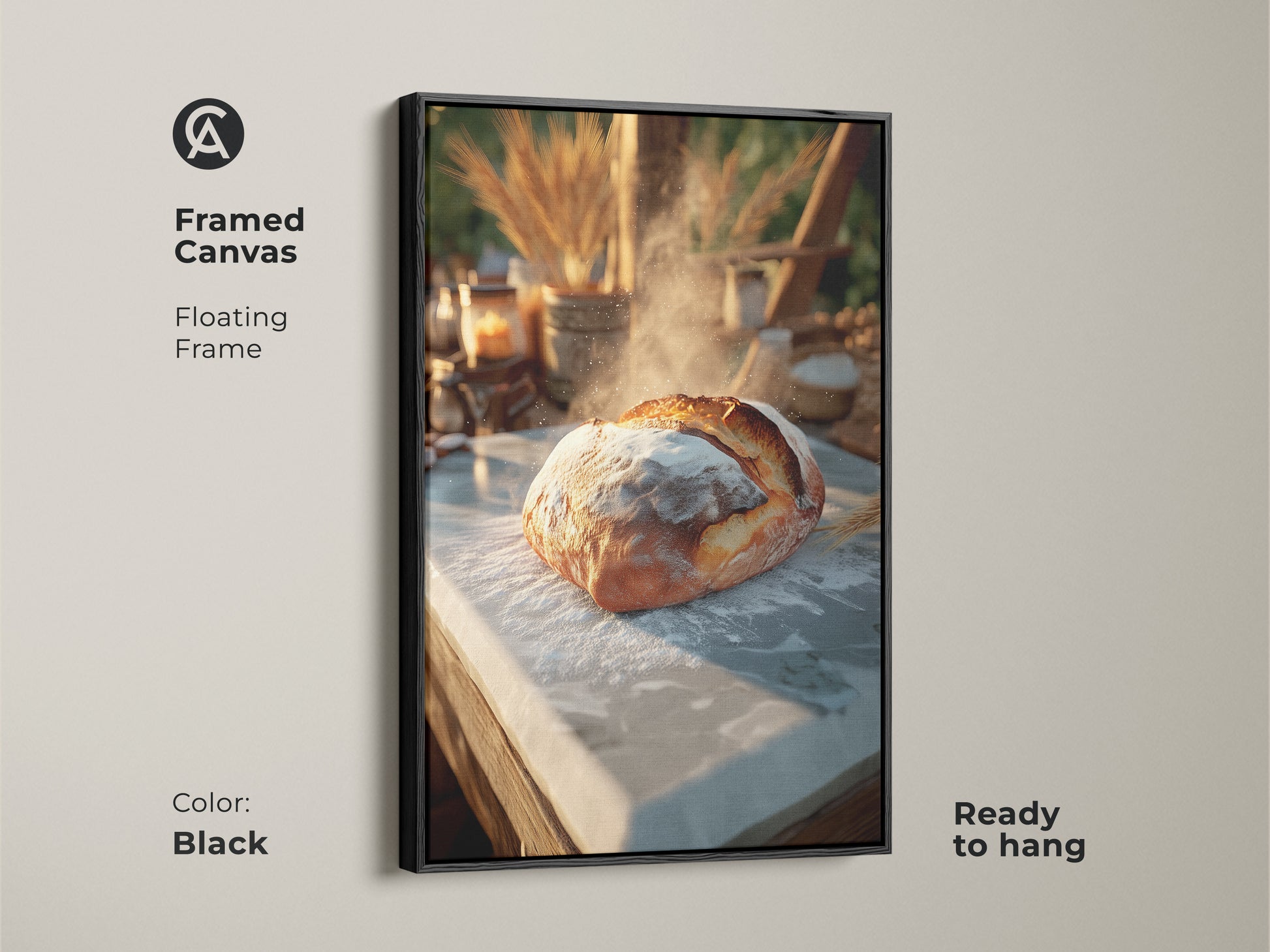 Framed canvas art with a floating black frame showcasing artisan bread. The golden brown and cream tones create a rustic kitchen aesthetic. Ready to hang and perfect for modern farmhouse decor. Enhance your home with this photorealistic food art.