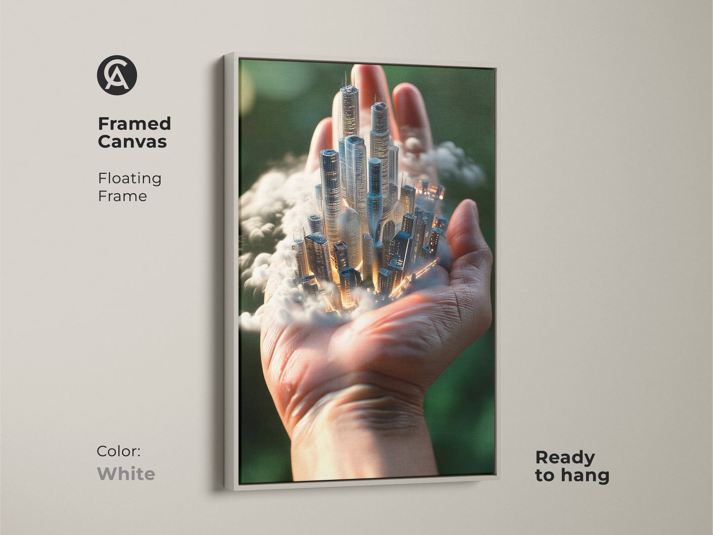 White framed canvas featuring a surreal cityscape in a hand. This modern wall art has futuristic architecture. A perfect ready-to-hang piece for contemporary spaces office decor.