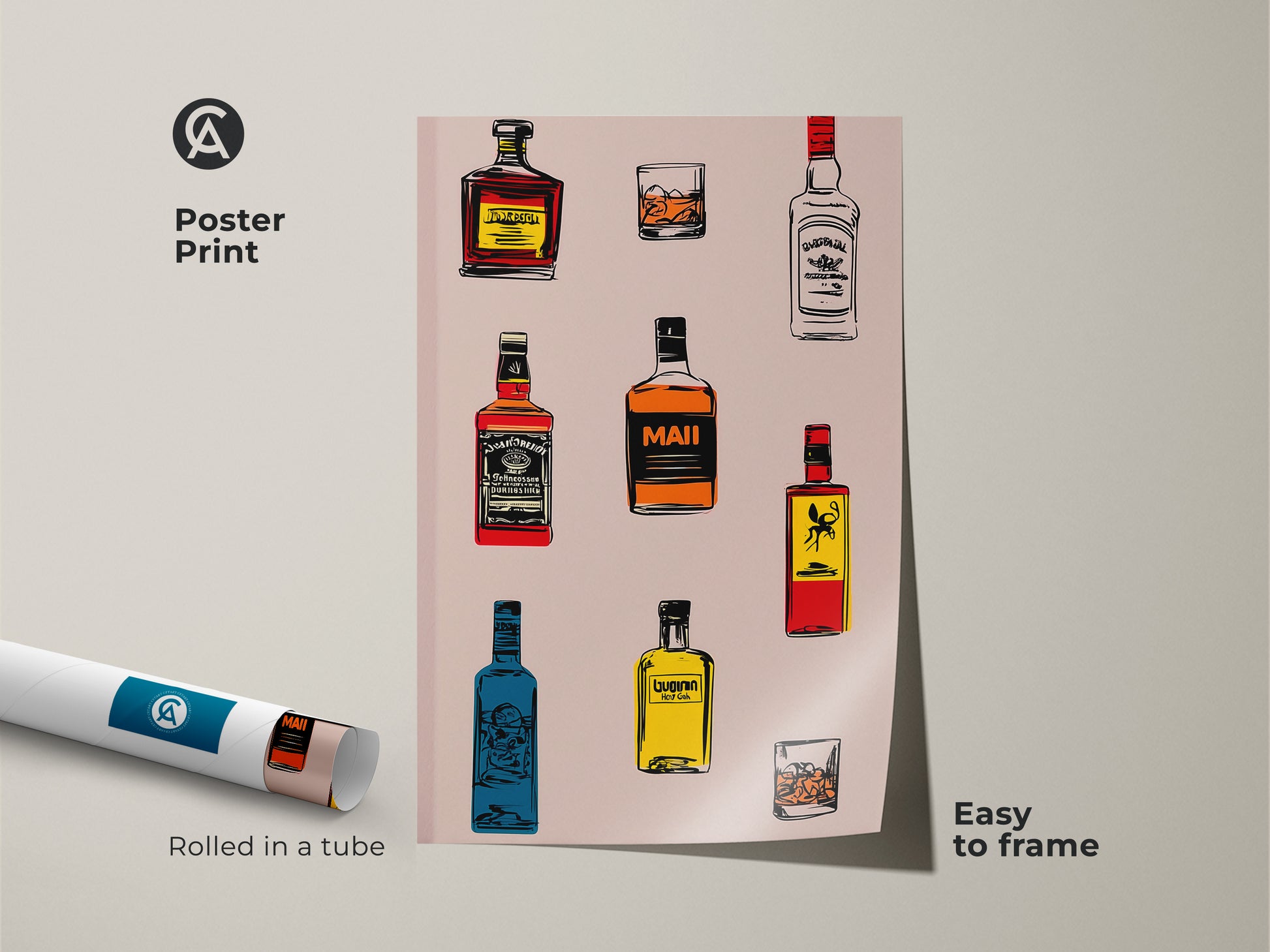 Retro bar art print rolled in a tube. Easy to frame whiskey bottle art print. Cocktail glass poster for home bar decor. The art has a yellow orange and red color palette.