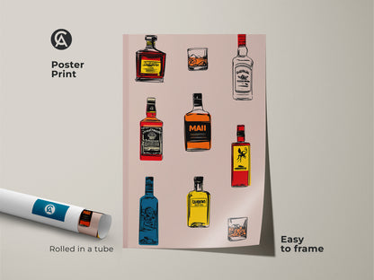 Retro bar art print rolled in a tube. Easy to frame whiskey bottle art print. Cocktail glass poster for home bar decor. The art has a yellow orange and red color palette.