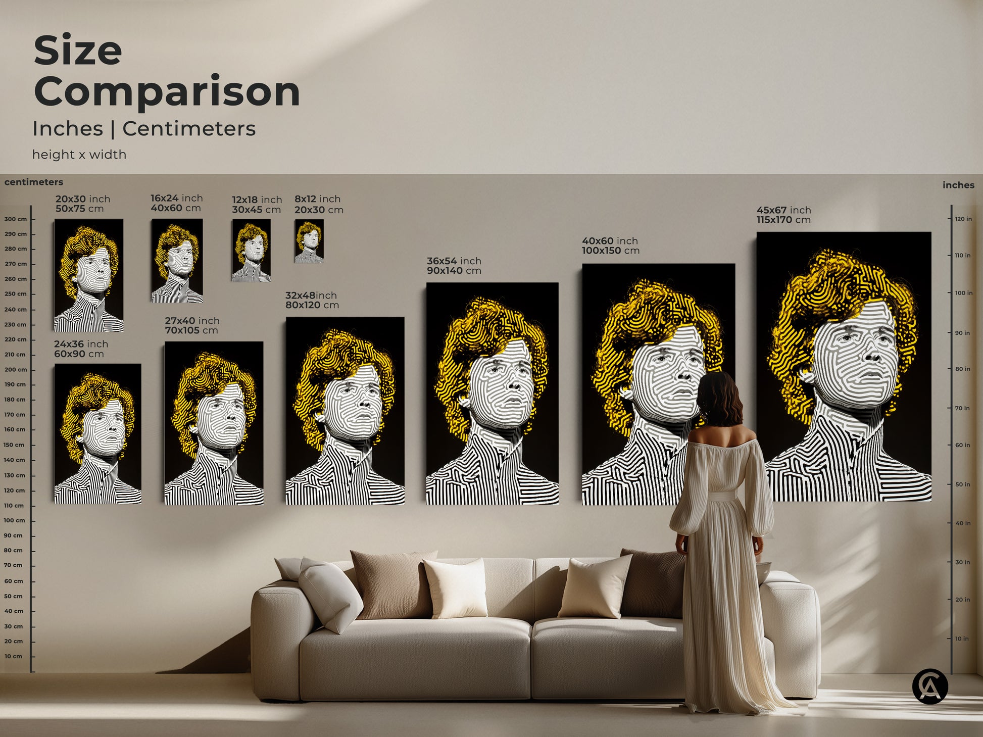 Size comparison of portrait art in inches and centimeters. The artwork features a person with striped line art and yellow hair. Various sizes are displayed in a living room setting. Find the ideal size for your home.