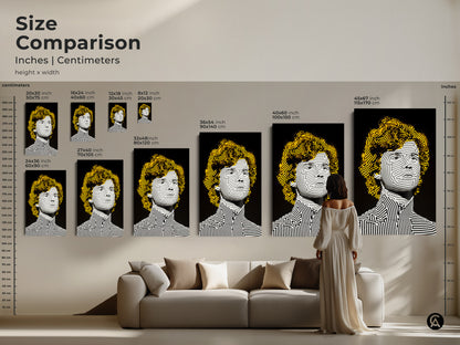 Size comparison of portrait art in inches and centimeters. The artwork features a person with striped line art and yellow hair. Various sizes are displayed in a living room setting. Find the ideal size for your home.