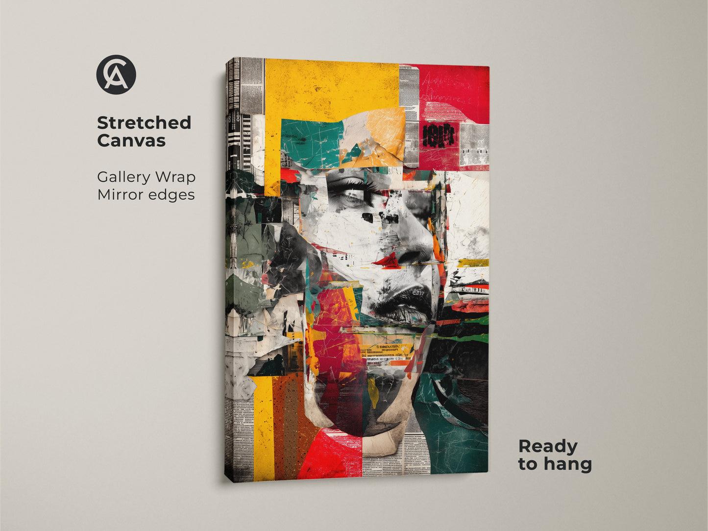 A stretched canvas print shows an abstract woman's face. The art has red yellow teal geometric shapes. It's an eclectic collage wall decor with urban portrait artwork ready to hang.