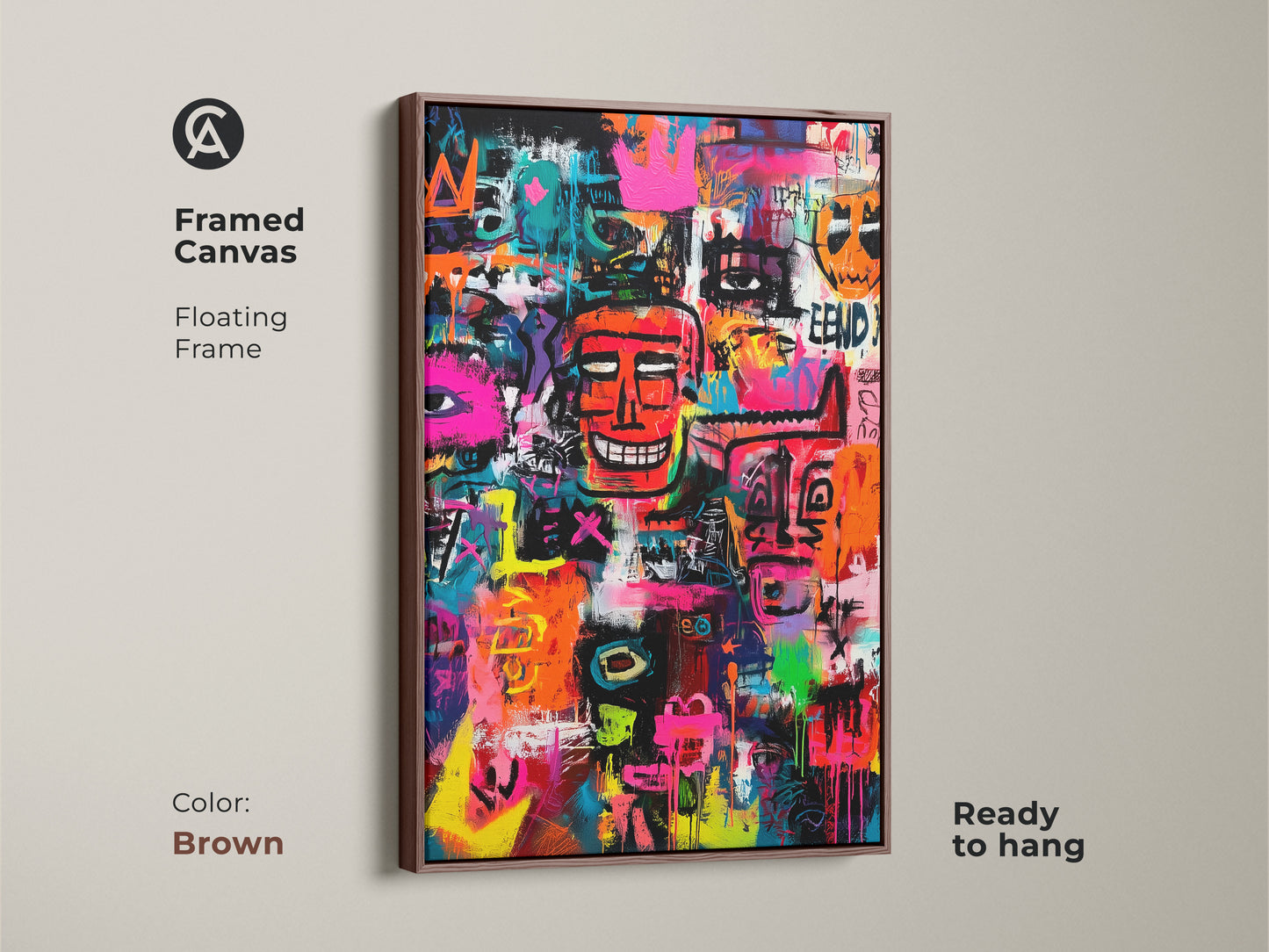 Modern graffiti art in a brown floating frame. This colorful artwork features a collection of faces and symbols. The artwork is ready to hang. A unique piece to add to your art collection today.