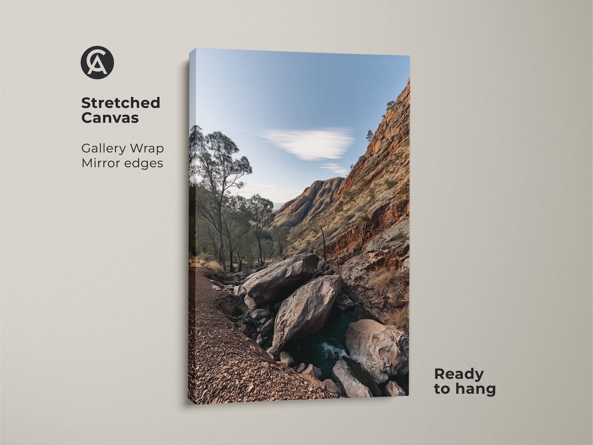 Stretched canvas art print of a Rocky Mountain scene. Gallery-wrapped with mirrored edges offers a modern touch. The sky blue nature photography showcases gnarled trees and rustic charm. Ready to hang for easy wall decor. A great hiker gift for nature lovers.