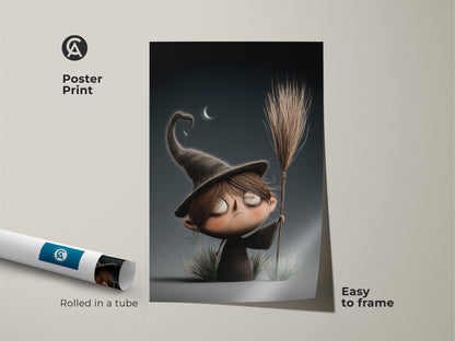 Easy-to-frame cartoon witch poster print. Spooky nursery wall decor will be rolled in a tube for protection. A dark academia gift featuring a character art print. Perfect for kids rooms and witch aesthetic art. A unique way to add fantasy and charm to your home. Great for Halloween or fall decor.